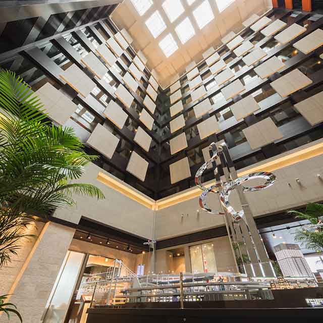 hotel lobby of atrium design with art works