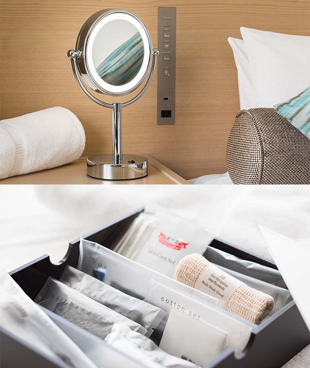 Room amenities and magnifying makeup mirror