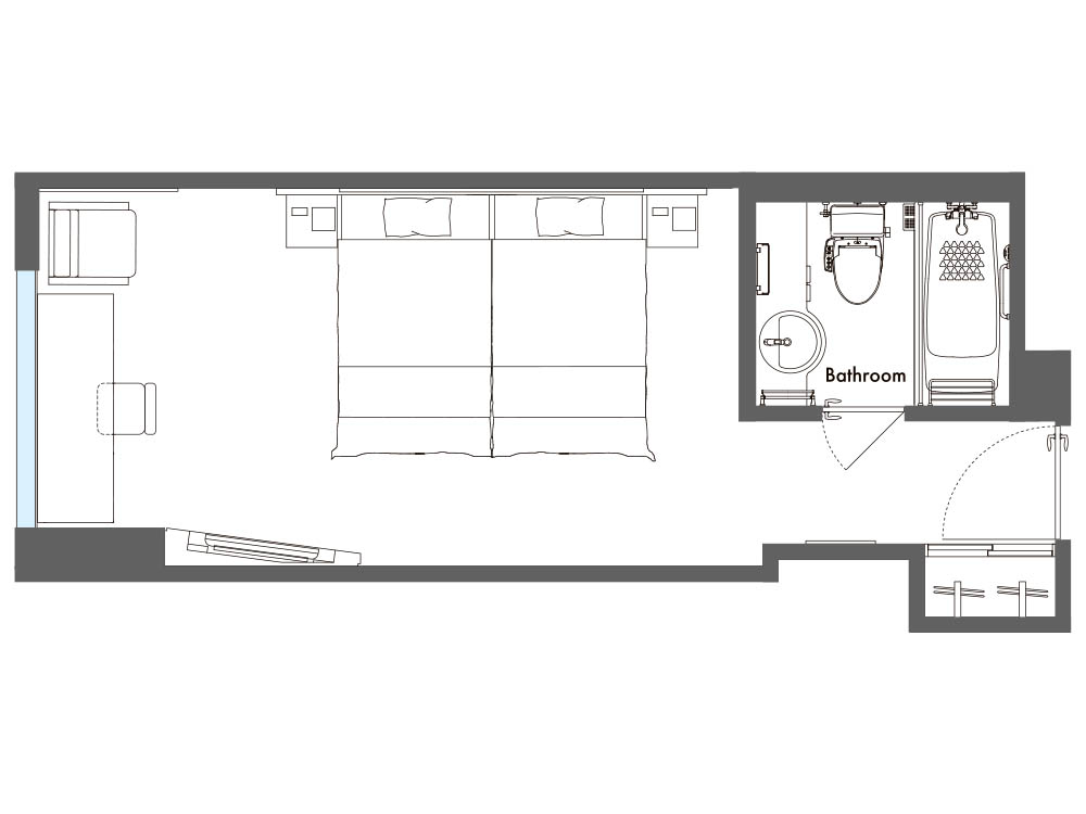 layout drawing of TWIN SIDE BY SIDE BEDS 25sqm
