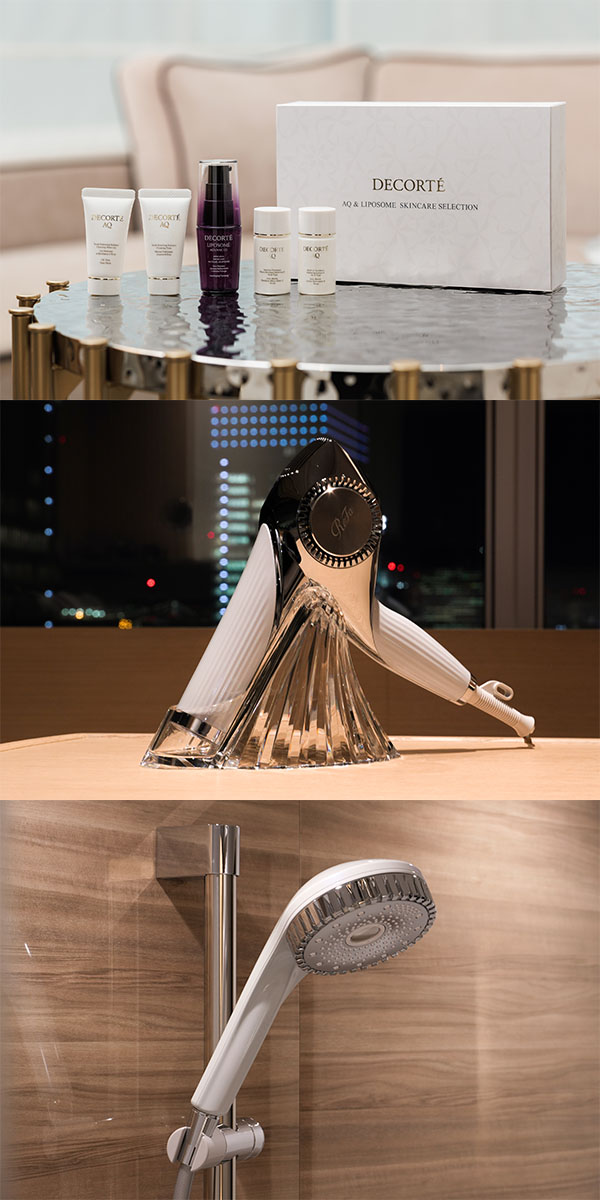 Room amenities and magnifying makeup mirror