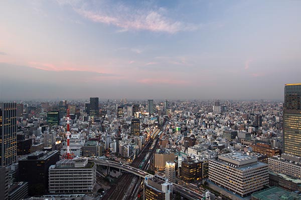 an outside view from the room looking down the city at daytime