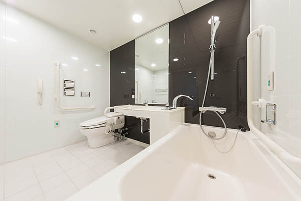 wheel chair accessible designed bathroom, bathroom sink and toilet